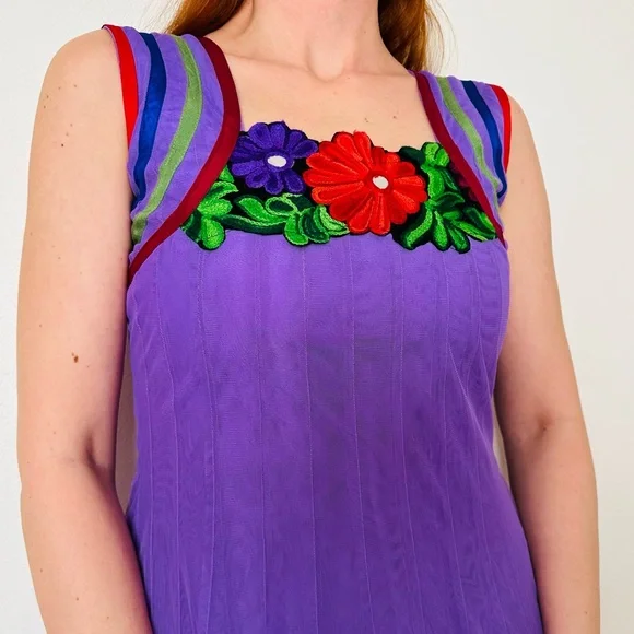 Vintage Phool Dress Indian Vibrant Purple Floral Embroidered Midi - Picture 4 of 10